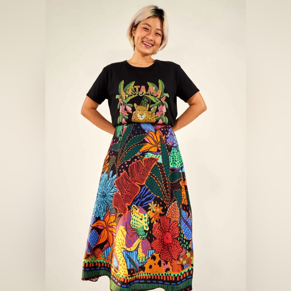 Farm Rio Black Cool Leopards Midi Skirt NWT Size S Ecovero